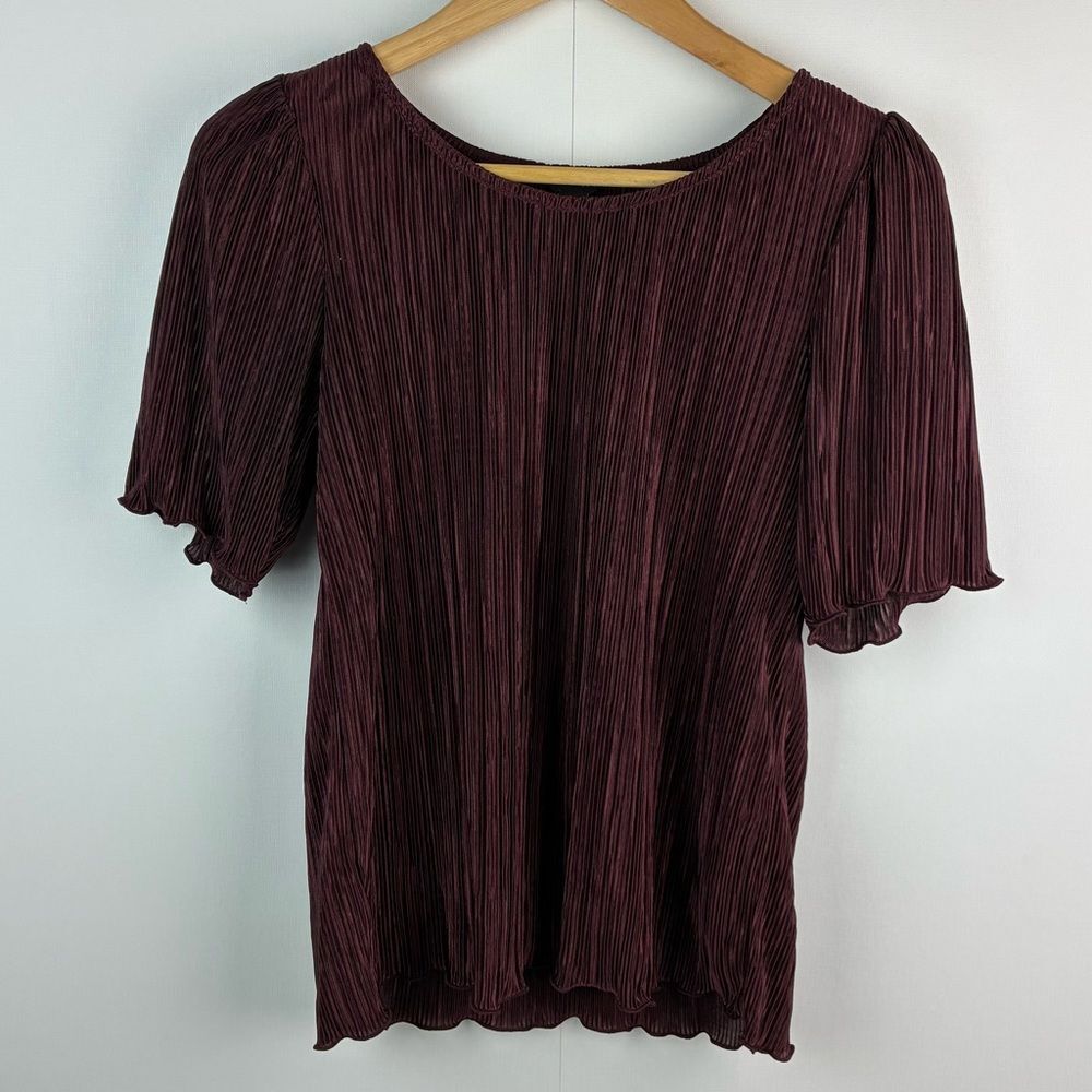 Ann Taylor Elegant Burgundy Pleated Top Short sleeves Blouse size Small